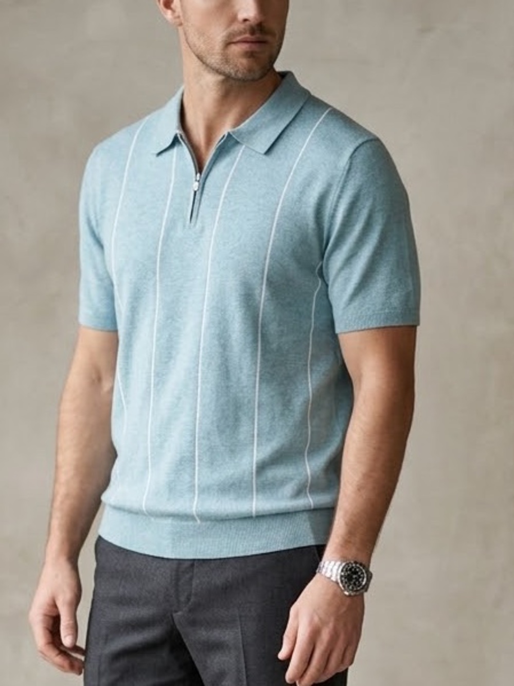 Magaschoni Man Mens Blue Vertical Pinstripe Quarter Zip Knit Polo‎ Shirt Large